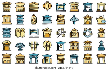 Kyoto icons set outline vector. Architecture real. Japan estate thin line color flat on white