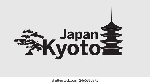 Kyoto, Japan banner with building and tree silhouettes 