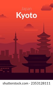 Kyoto, Japan city sunset view poster. 