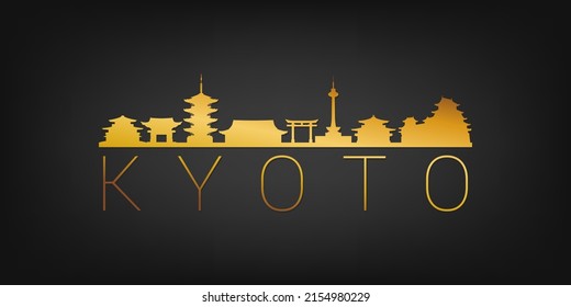 Kyoto, Japan Gold Skyline City Silhouette Vector. Golden Design Luxury Style Icon Symbols. Travel And Tourism Famous Buildings.