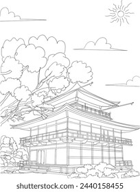 Kyoto, Japan - Kinkaku-ji Temple line art drawing for kids and adults coloring book