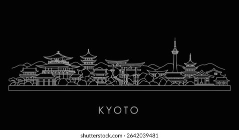 Kyoto Japan Skyline Outline with Black Background.