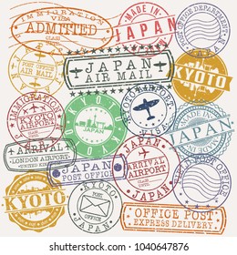 Kyoto Japan Stamp Vector Art Postal Passport Travel Design Set Badge Rubber.