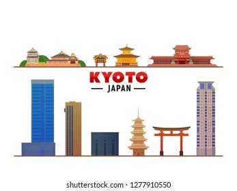 Kyoto ( Japan ) top landmarks. Vector Illustration. Business travel and tourism concept with modern buildings.