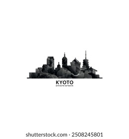 Kyoto panorama, vector badge, skyline logo and icon. Japan city horizon logotype with landmarks and building silhouettes. Isolated foggy abstract gradient graphic