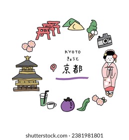 Kyoto prefecture hand drawn cute icon set