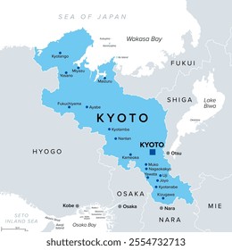 Kyoto Prefecture of Japan with capital of the same name, political map. Located in the Kansai region of Honshu on the Sea of ​​Japan bordering the prefectures Fukui, Shiga, Mie, Nara, Osaka and Hyogo.