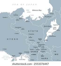 Prefectura de Kioto de Japón con la misma capital con nombre, mapa político gris. Situado en la región de Kansai de Honshu en el mar de ​​Japón, bordeando las prefecturas de Fukui, Shiga, Mie, Nara, Osaka y Hyogo.