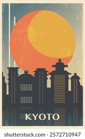 Kyoto retro city poster with abstract shapes of skyline, temple. Japan vintage travel vector illustration, cityscape at sunrise, sunset