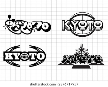 Kyoto retro futuristic for t shirt design. abstract graphic geometric symbols and objects in y2k style