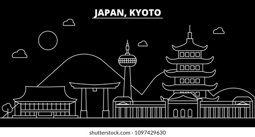 Kyoto silhouette skyline. Japan - Kyoto vector city, japanese linear architecture, buildings. Kyoto travel illustration, outline landmarks. Japan flat icon, japanese line banner
