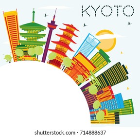 Kyoto Skyline with Color Buildings, Blue Sky and Copy Space. Vector Illustration. Business Travel and Tourism Concept with Historic Architecture.