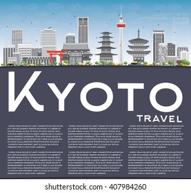 Kyoto Skyline with Gray Landmarks, Blue Sky and Copy Space. Vector illustration. Business Travel or Tourism Concept with Modern and Historic Buildings. Image for Presentation Banner Placard and Web.
