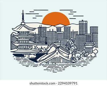 Línea aérea de Kyoto, Japón. dibujado a mano, ilustración vectorial, estilo lineal, para afiches, pancartas y camisas