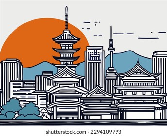 Línea aérea de Kyoto, Japón. dibujado a mano, ilustración vectorial, estilo lineal, para afiches, pancartas y camisas