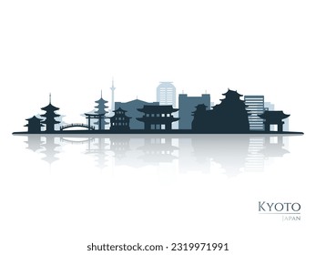 Silueta de líneas horizontales de Kioto con reflexión. Paisaje Kioto, Japón. Ilustración vectorial.