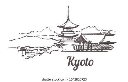 Kyoto skyline sketch. Kyoto hand drawn illustration isolated on white background.