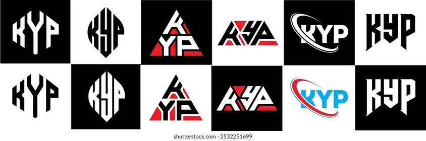 KYP letter logo design in six style. KYP polygon, circle, triangle, hexagon, flat and simple style with black and white color variation letter logo set in one artboard. KYP minimalist and classic logo