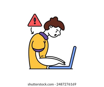 kyphosis. illustration of a man stooping because he has been sitting and using a laptop for too long. hunched body posture. habits and lifestyle. spine problems. outline style character design