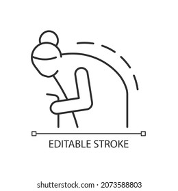 Kyphosis linear icon. Roundback. Spine rounding curvature. Elderly person with back problem. Thin line customizable illustration. Contour symbol. Vector isolated outline drawing. Editable stroke