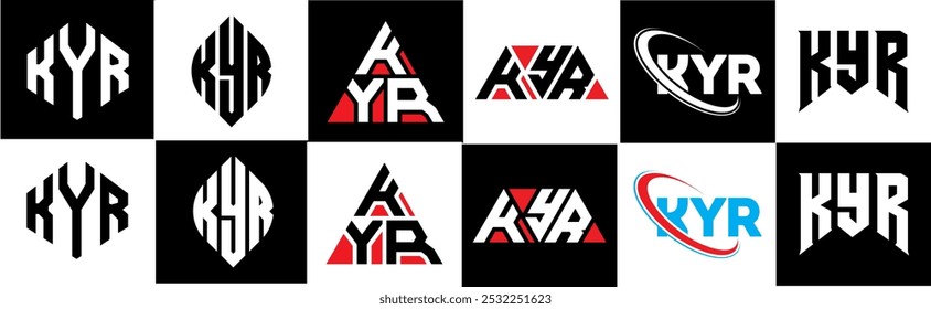 KYR letter logo design in six style. KYR polygon, circle, triangle, hexagon, flat and simple style with black and white color variation letter logo set in one artboard. KYR minimalist and classic logo