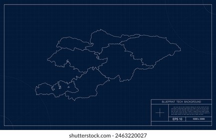 Kyrgystan Map with Blueprint Tech Style Background.