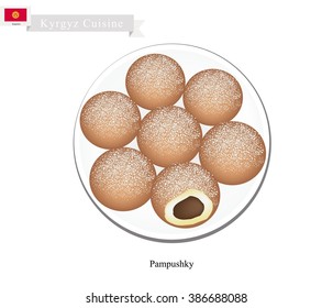 Kyrgyz Cuisine, Pampushky or Sweet Raised Doughnuts Sprinkled with Powdered Sugar or Garlic. One of Most Popular Dish in Kyrgyzstan.