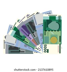 Kyrgyz som Vector Illustration. Kyrgyzstan money set bundle banknotes. Paper money 500, 1000, 2000, 5000 som. Flat style. Isolated on white background. Simple minimal design.