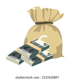 Kyrgyz som Vector Illustration. Kyrgyzstan money set bundle banknotes. Money bag 1000 som. Flat style. Isolated on white background. Simple minimal design.
