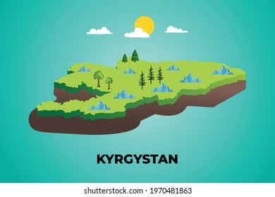 Kyrgyzstan 3d isometric map with topographic details mountains, trees and soil vector illustration design