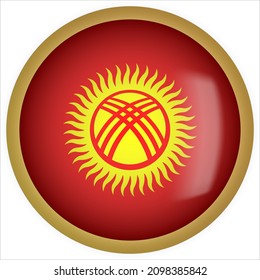 Kirgisistan 3D-Flag-Button-Symbol mit abgerundetem Goldrahmen