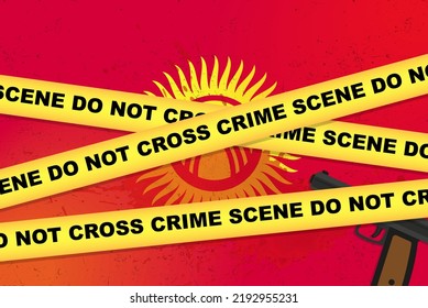 Kyrgyzstan armed attack vector banner, shooting news concept, armed assault with gun and blood stain on Kyrgyzstan flag, yellow police tape, crime scene composition, top view, flat design