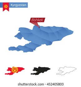 Kyrgyzstan blue Low Poly map with capital Bishkek, four versions of map. Vector Illustration.