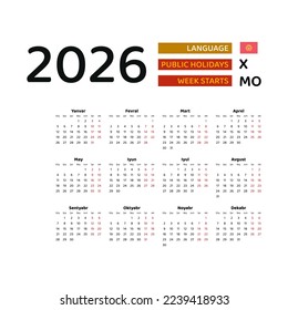 Kyrgyzstan calendar 2026. Week starts from Monday. Vector graphic design. Kyrgyz language.