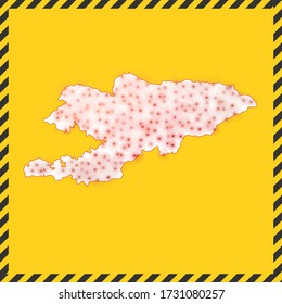 Kyrgyzstan closed - virus danger sign. Lockdown country icon. Black striped border around map with virus spread concept. Vector illustration.