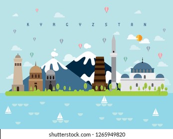 Kyrgyzstan Famous Landmarks Infographic Templates for Traveling Minimal Style and Icon, Symbol Set Vector Illustration Can be use for Poster Travel book, Postcard, Billboard.
