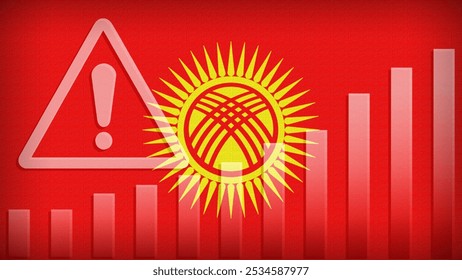 Kyrgyzstan flag with burlap texture, warning sign, and rising bar chart symbolizing increasing risk or growth challenges in the country. Ideal for data presentations.