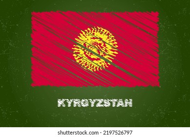 Kyrgyzstan flag with chalk effect on green chalkboard, hand drawing country flag concept, green blackboard with Kyrgyzstan flag, chalk texture, flag for kids, classroom material