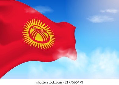 Kyrgyzstan flag in the clouds. Vector flag waving in the sky. National day realistic flag illustration. Blue sky vector.