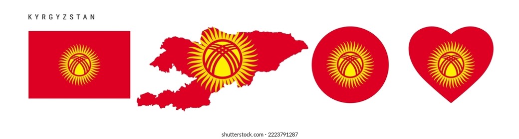 Kyrgyzstan flag icon set. Kyrgyz pennant in official colors and proportions. Rectangular, map-shaped, circle and heart-shaped. Flat vector illustration isolated on white.