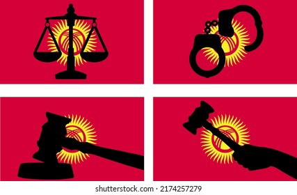 Kyrgyzstan flag with justice vector silhouette, judge gavel hammer and scales of justice and handcuff silhouette on country flag, Kyrgyzstan law concept, design asset, freedom idea