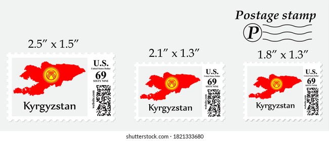 Kyrgyzstan flag map on postage stamp different size.