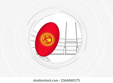 Kyrgyzstan flag on rugby ball, lined circle rugby icon with ball in a crowded stadium. Vector sport emblem on abstract background.