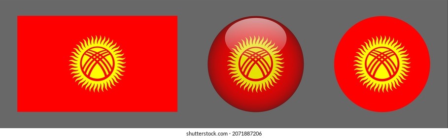 Kyrgyzstan flag set collection, button rounded, flat rounded.