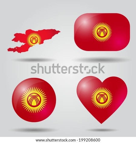 Kyrgyzstan flag set in map, oval, circular and heart shape.