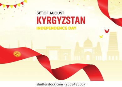 Kyrgyzstan Flag Waving On Skyline Background. Independence Day Concept Design Vector Illustration.