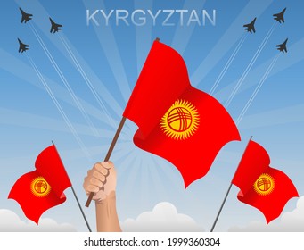 Kyrgyzstan flags fluttering under the blue sky