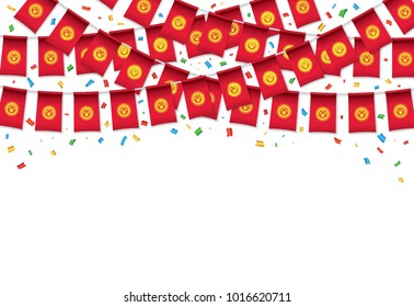 Kyrgyzstan flags garland white background with confetti, Hang bunting for independence day celebration template banner, Vector illustration