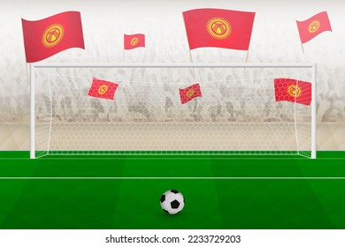 Kyrgyzstan football team fans with flags of Kyrgyzstan cheering on stadium, penalty kick concept in a soccer match. Sports vector illustration.