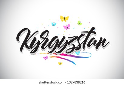 Kyrgyzstan Handwritten Word Text with Butterflies and Colorful Swoosh Vector Illustration Design.